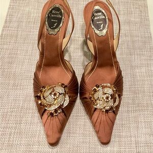 Rene Caovilla Brown Satin Heels with Embellishments